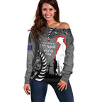 New Zealand ANZAC Day Off Shoulder Sweater 25th April Silver Fern With Poppy