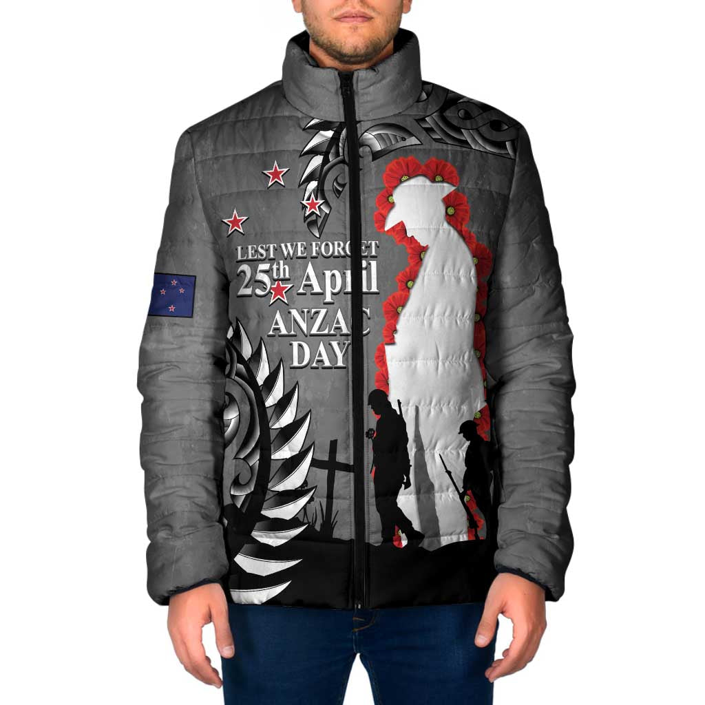 New Zealand ANZAC Day Padded Jacket 25th April Silver Fern With Poppy - Aussie Hoodie