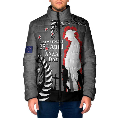 New Zealand ANZAC Day Padded Jacket 25th April Silver Fern With Poppy - Aussie Hoodie