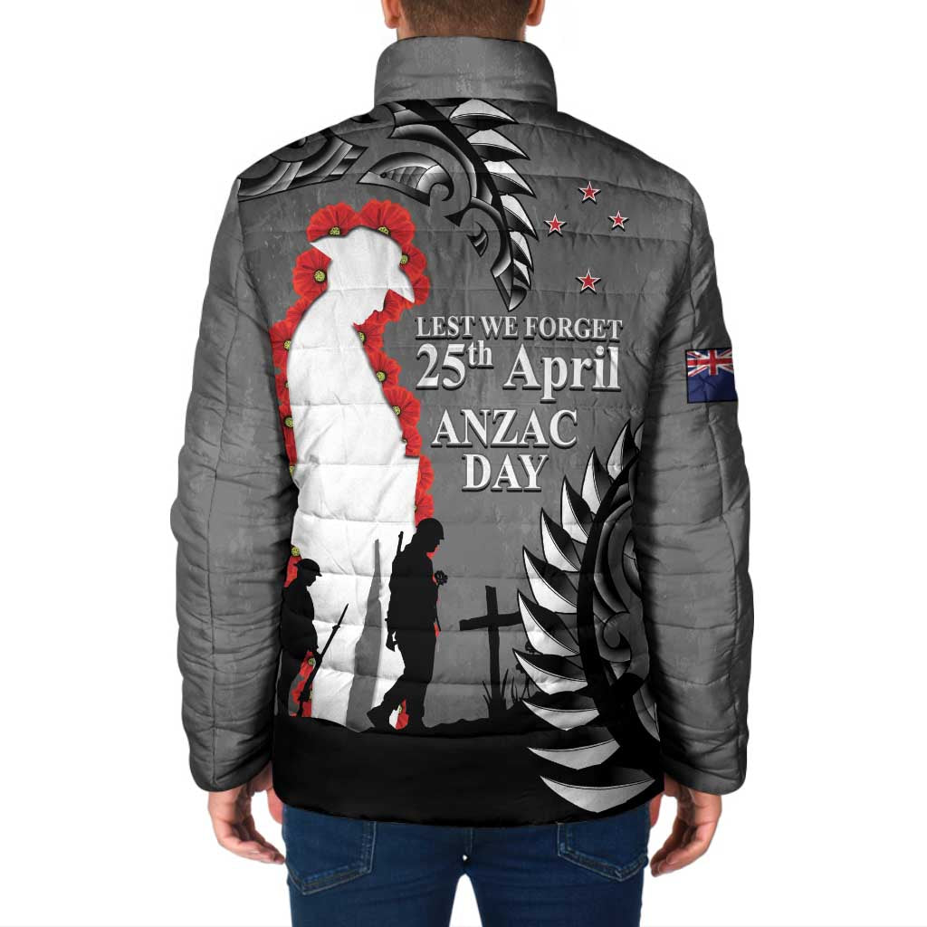 New Zealand ANZAC Day Padded Jacket 25th April Silver Fern With Poppy - Aussie Hoodie