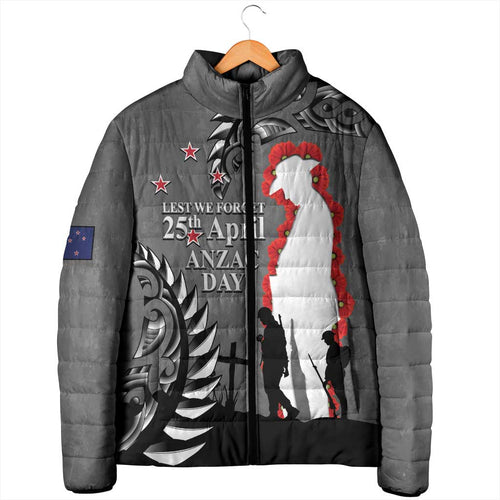 New Zealand ANZAC Day Padded Jacket 25th April Silver Fern With Poppy - Aussie Hoodie