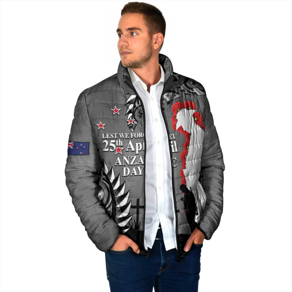 New Zealand ANZAC Day Padded Jacket 25th April Silver Fern With Poppy - Aussie Hoodie