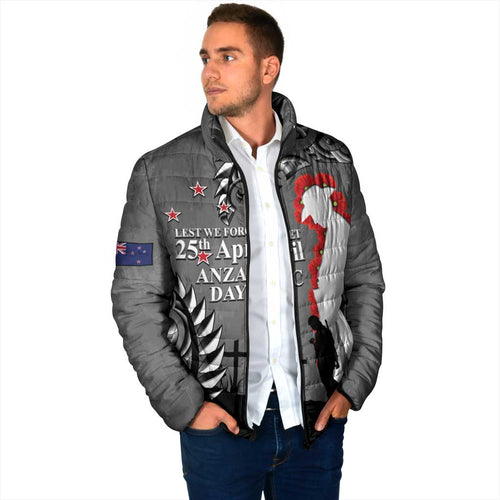 New Zealand ANZAC Day Padded Jacket 25th April Silver Fern With Poppy - Aussie Hoodie
