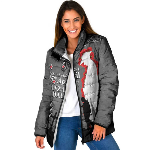 New Zealand ANZAC Day Padded Jacket 25th April Silver Fern With Poppy - Aussie Hoodie