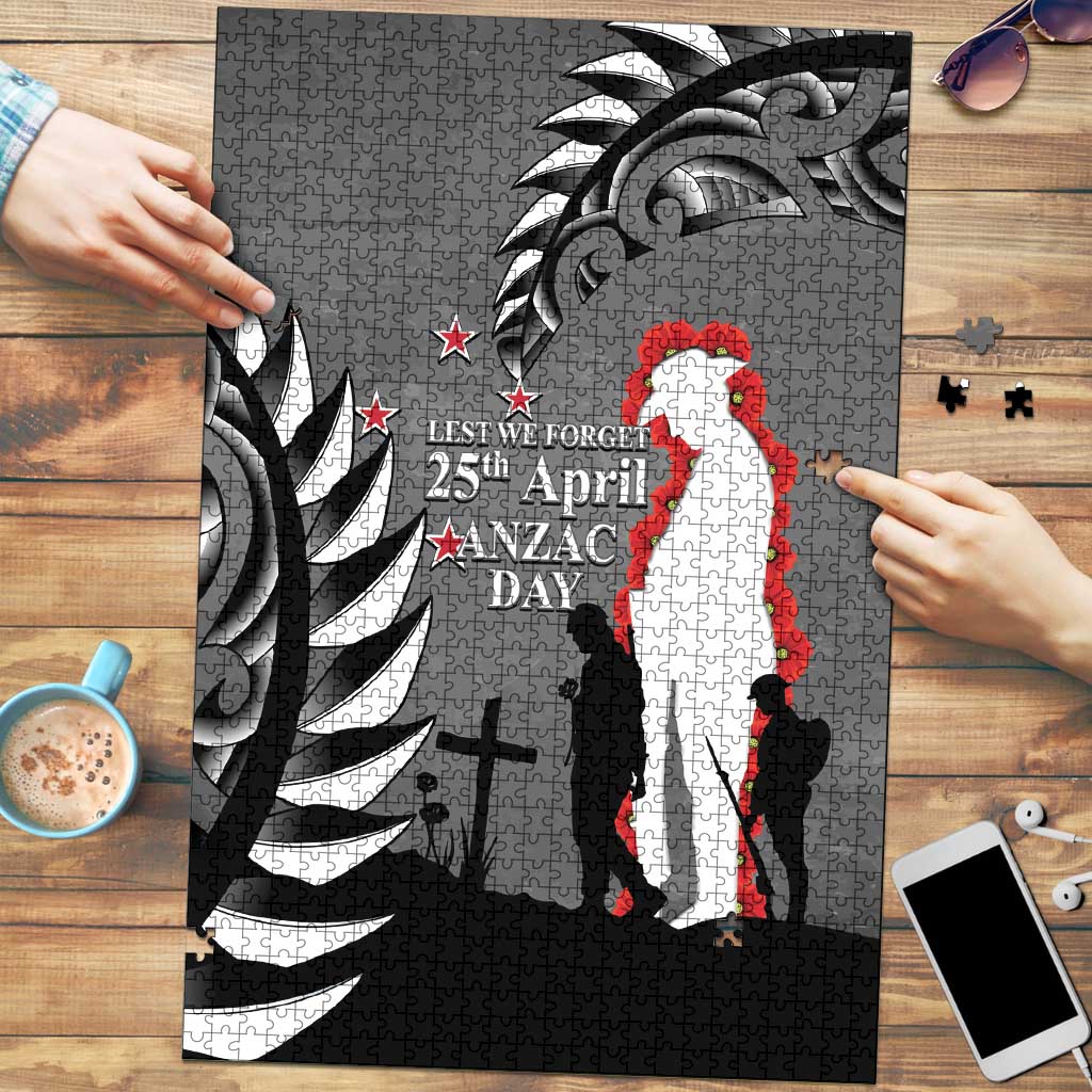 New Zealand ANZAC Day Puzzle 25th April Silver Fern With Poppy - Aussie Hoodie