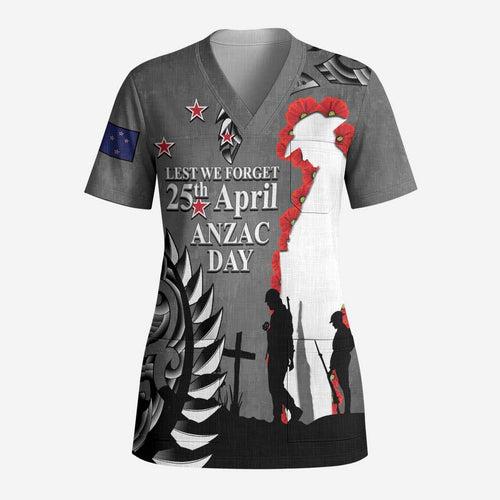 New Zealand ANZAC Day Scrub Top 25th April Silver Fern With Poppy - Aussie Hoodie