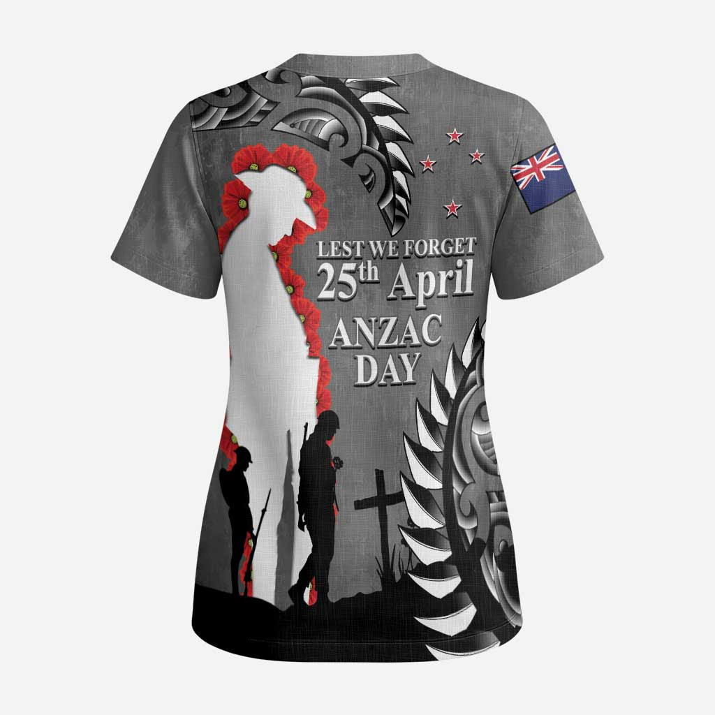 New Zealand ANZAC Day Scrub Top 25th April Silver Fern With Poppy - Aussie Hoodie