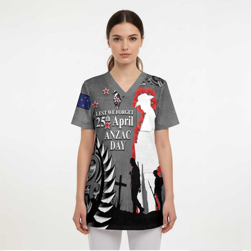 New Zealand ANZAC Day Scrub Top 25th April Silver Fern With Poppy - Aussie Hoodie