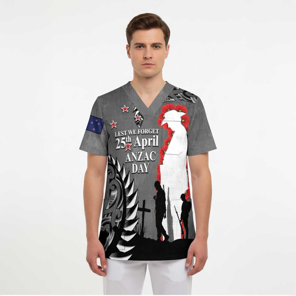 New Zealand ANZAC Day Scrub Top 25th April Silver Fern With Poppy - Aussie Hoodie