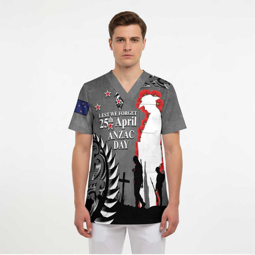 New Zealand ANZAC Day Scrub Top 25th April Silver Fern With Poppy - Aussie Hoodie