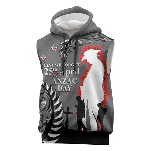 New Zealand ANZAC Day Sleeveless Hoodie 25th April Silver Fern With Poppy - Aussie Hoodie