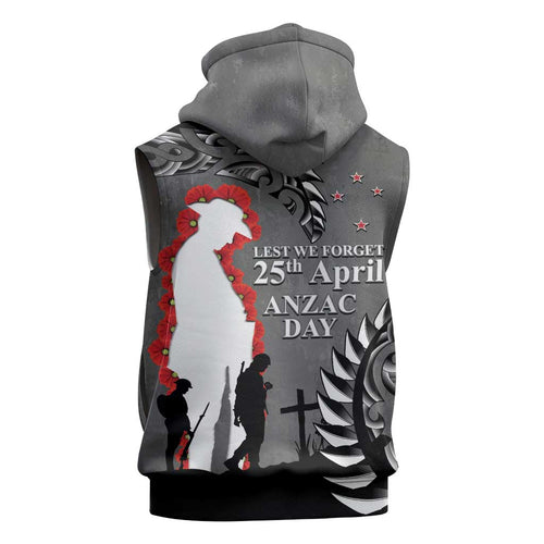 New Zealand ANZAC Day Sleeveless Hoodie 25th April Silver Fern With Poppy - Aussie Hoodie