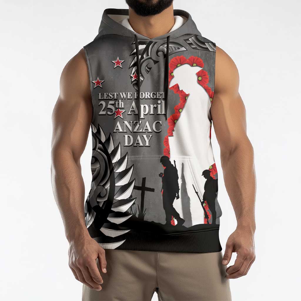 New Zealand ANZAC Day Sleeveless Hoodie 25th April Silver Fern With Poppy - Aussie Hoodie