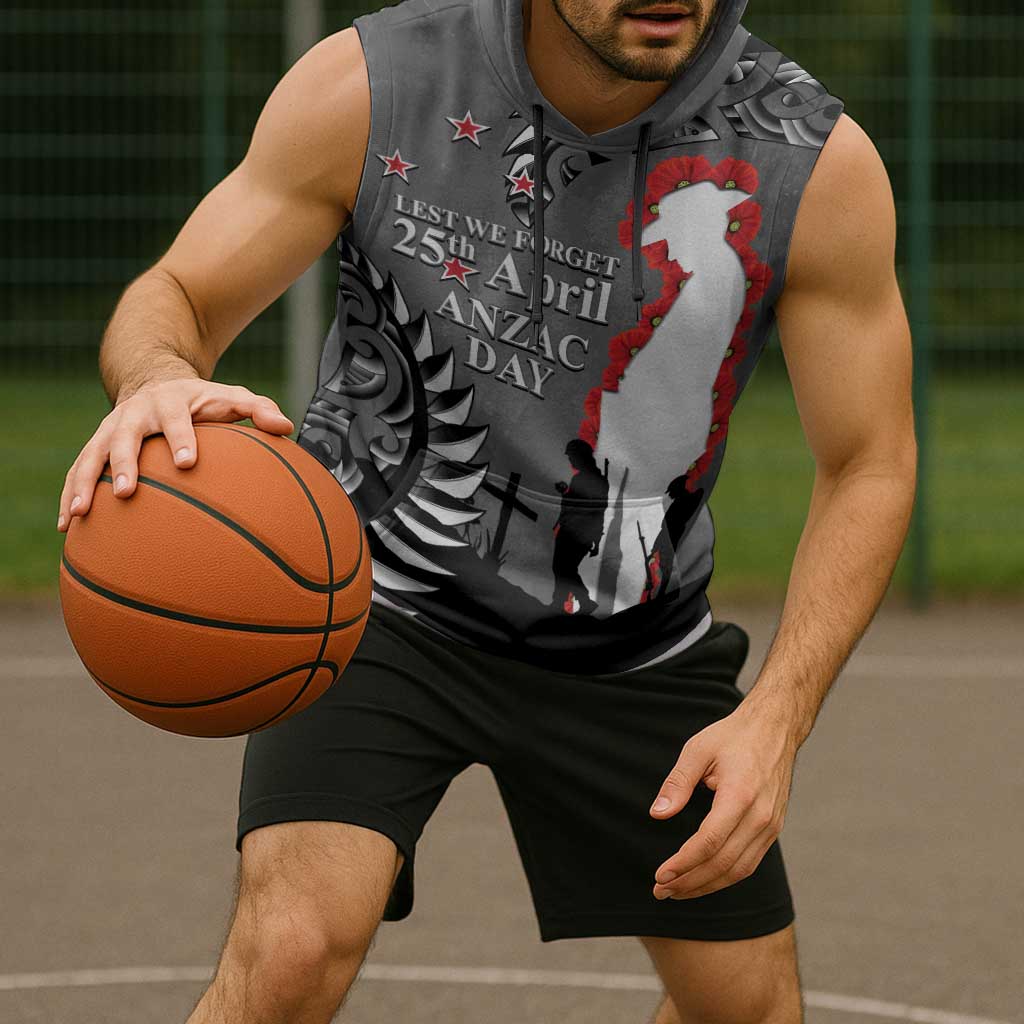 New Zealand ANZAC Day Sleeveless Hoodie 25th April Silver Fern With Poppy - Aussie Hoodie