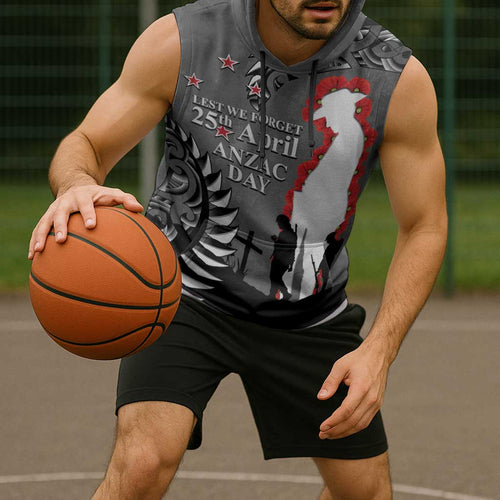 New Zealand ANZAC Day Sleeveless Hoodie 25th April Silver Fern With Poppy - Aussie Hoodie