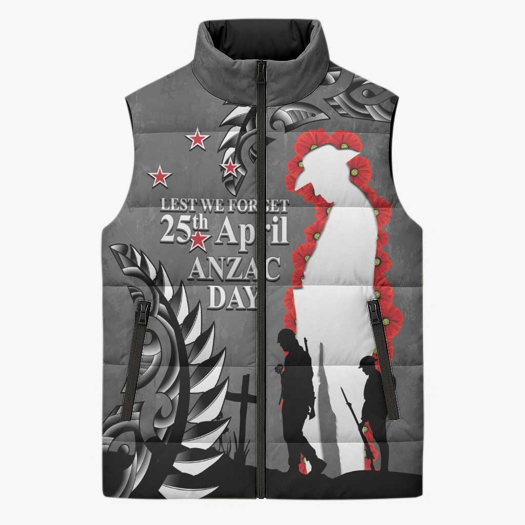 New Zealand ANZAC Day Sleeveless Puffer Jacket 25th April Silver Fern With Poppy - Aussie Hoodie