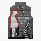 New Zealand ANZAC Day Sleeveless Puffer Jacket 25th April Silver Fern With Poppy - Aussie Hoodie