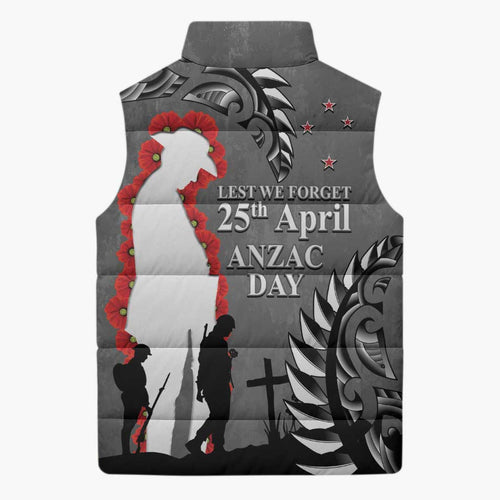 New Zealand ANZAC Day Sleeveless Puffer Jacket 25th April Silver Fern With Poppy - Aussie Hoodie