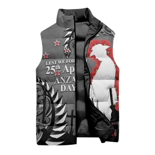 New Zealand ANZAC Day Sleeveless Puffer Jacket 25th April Silver Fern With Poppy - Aussie Hoodie