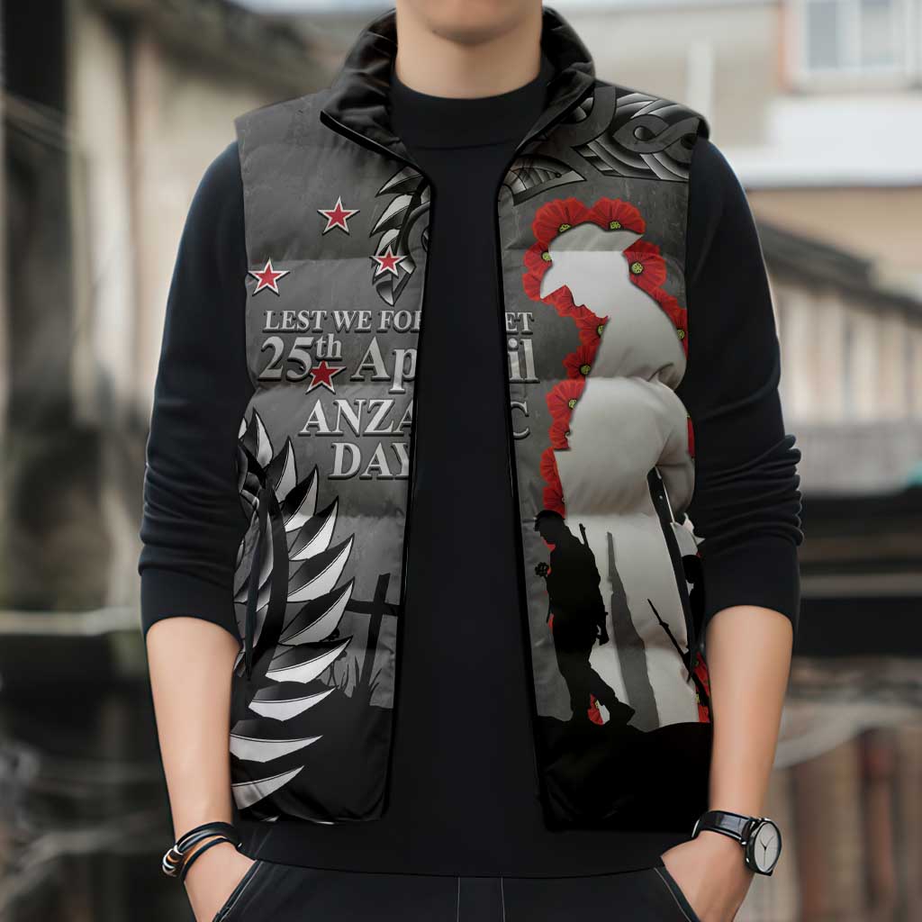 New Zealand ANZAC Day Sleeveless Puffer Jacket 25th April Silver Fern With Poppy - Aussie Hoodie