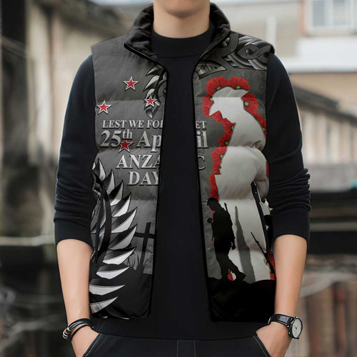 New Zealand ANZAC Day Sleeveless Puffer Jacket 25th April Silver Fern With Poppy - Aussie Hoodie