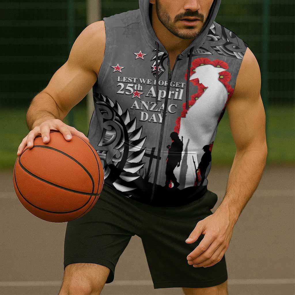 New Zealand ANZAC Day Sleeveless Zip Hoodie 25th April Silver Fern With Poppy LT14