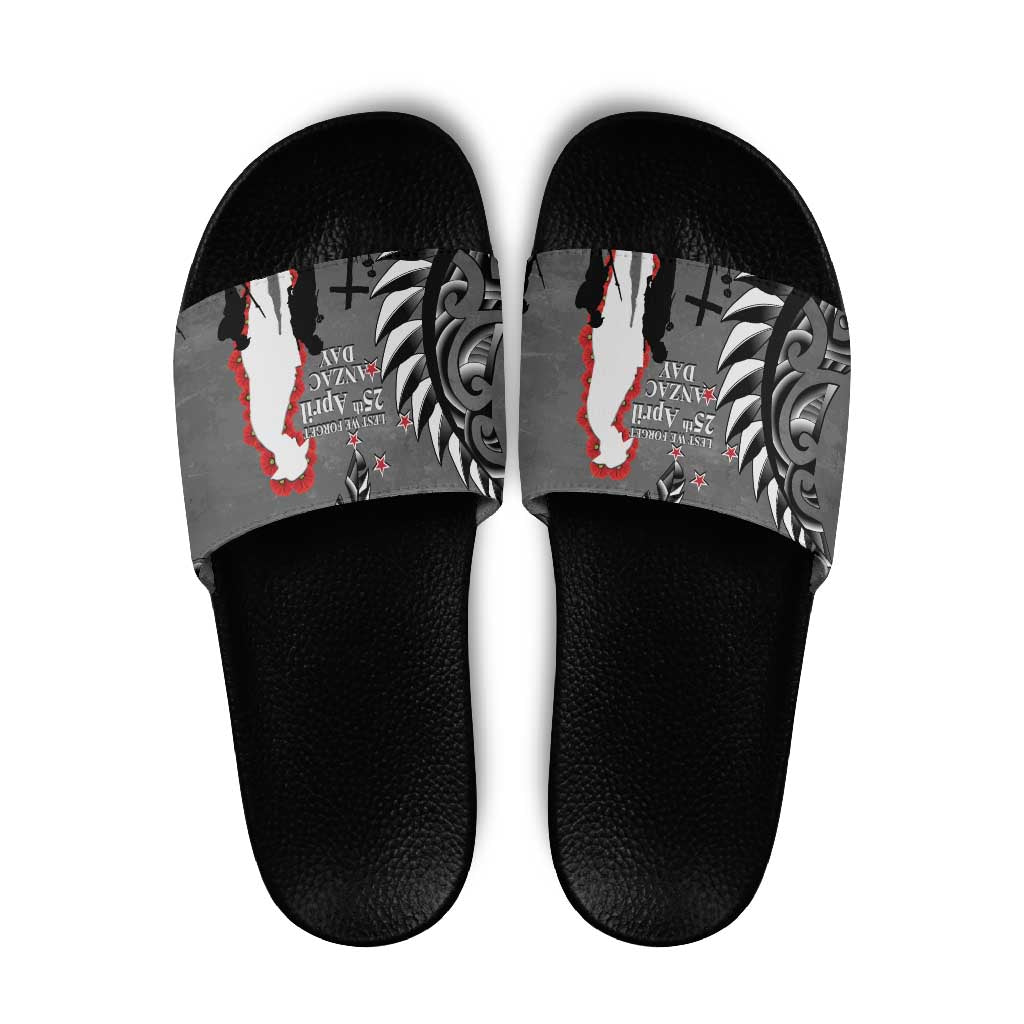New Zealand ANZAC Day Slide Sandals 25th April Silver Fern With Poppy - Aussie Hoodie