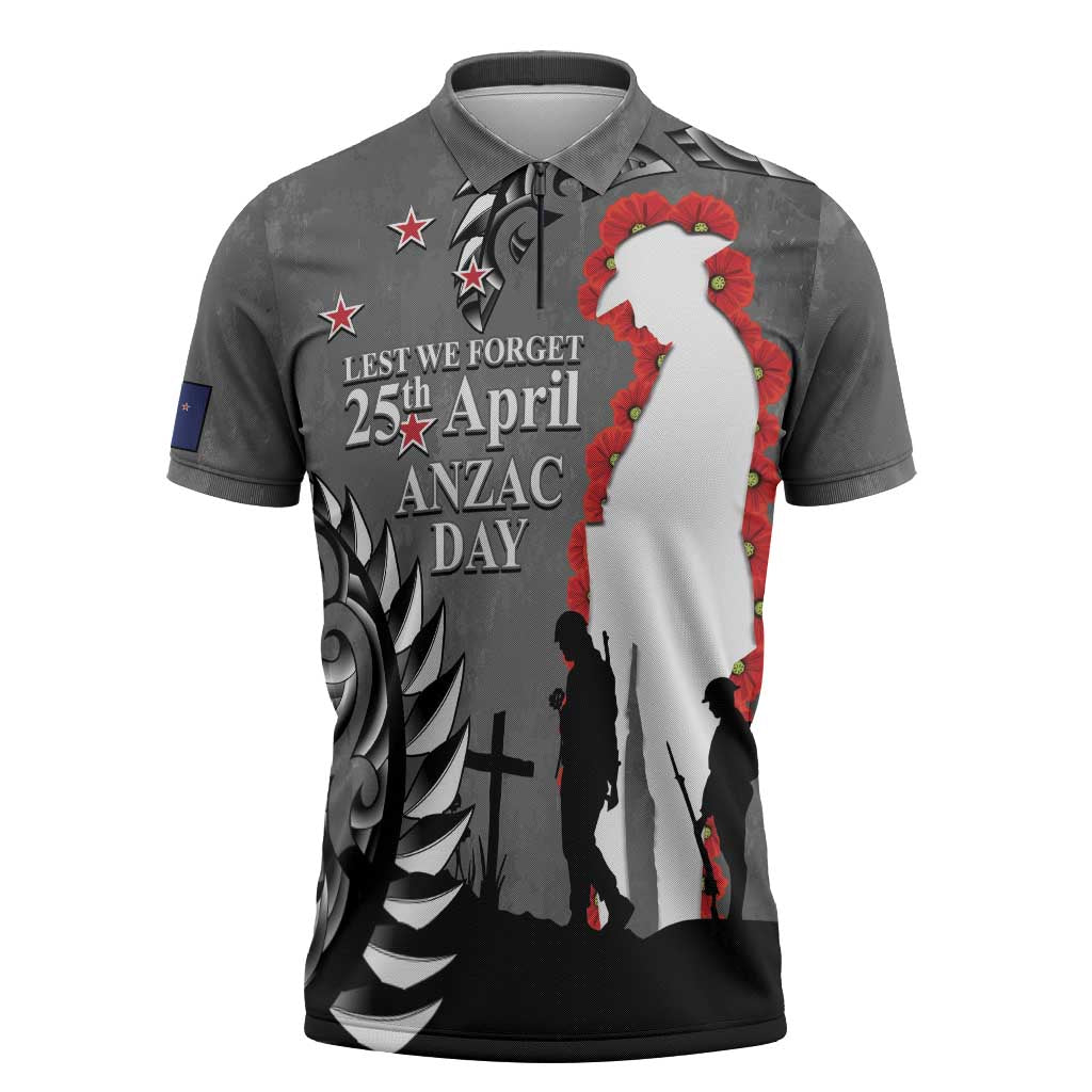 New Zealand ANZAC Day Zipper Polo Shirt 25th April Silver Fern With Poppy - Aussie Hoodie