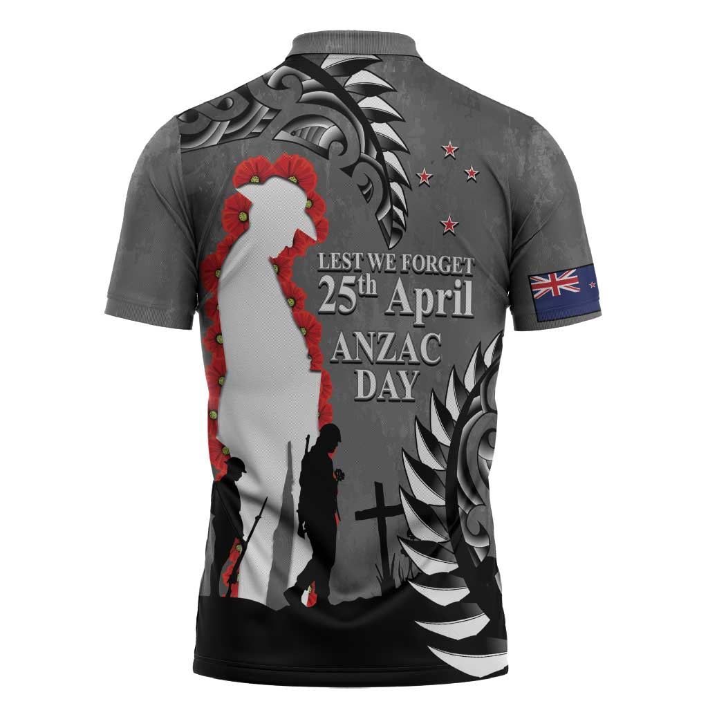 New Zealand ANZAC Day Zipper Polo Shirt 25th April Silver Fern With Poppy - Aussie Hoodie