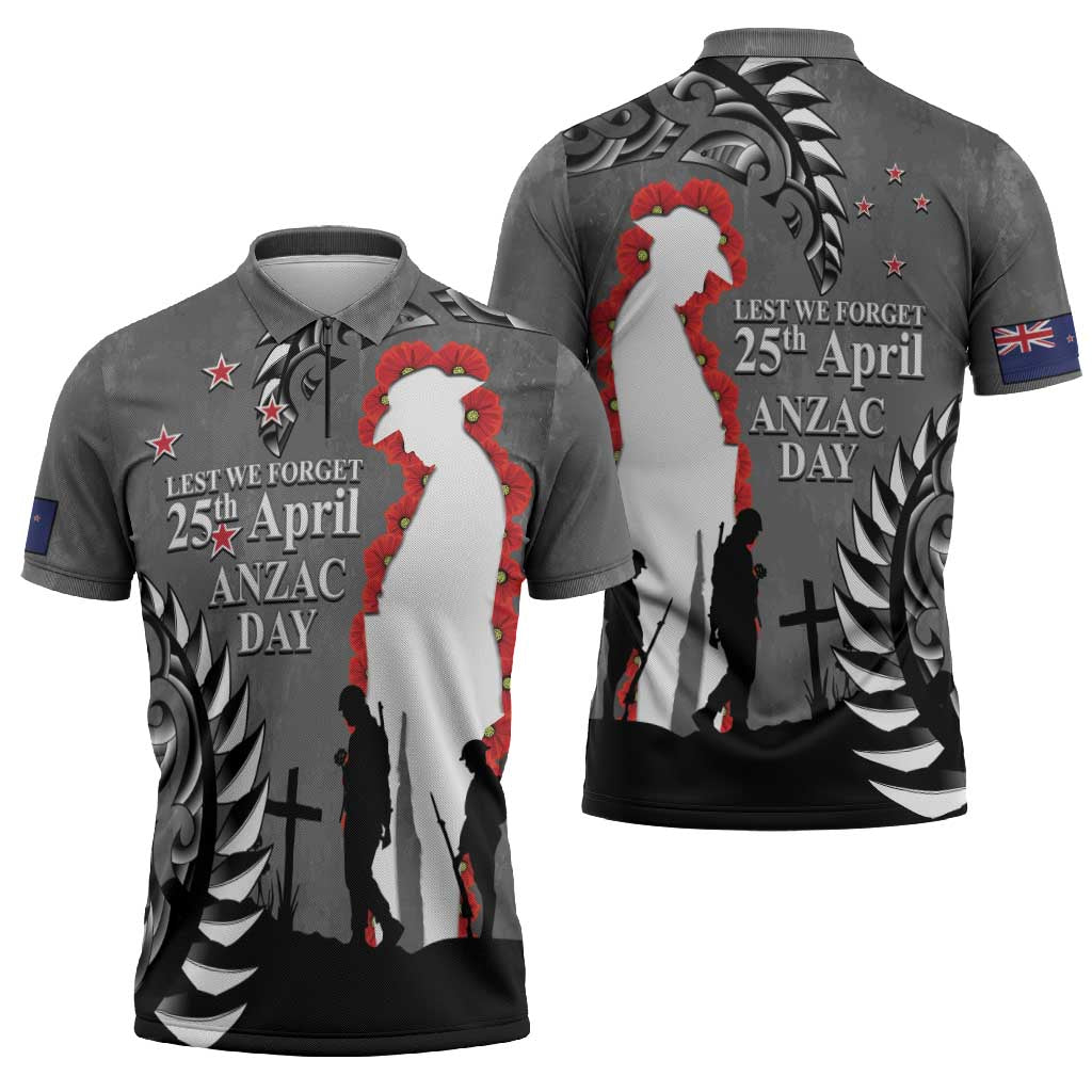 New Zealand ANZAC Day Zipper Polo Shirt 25th April Silver Fern With Poppy - Aussie Hoodie