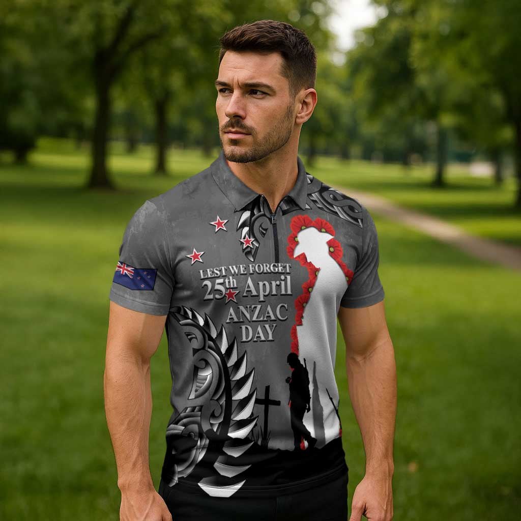 New Zealand ANZAC Day Zipper Polo Shirt 25th April Silver Fern With Poppy - Aussie Hoodie