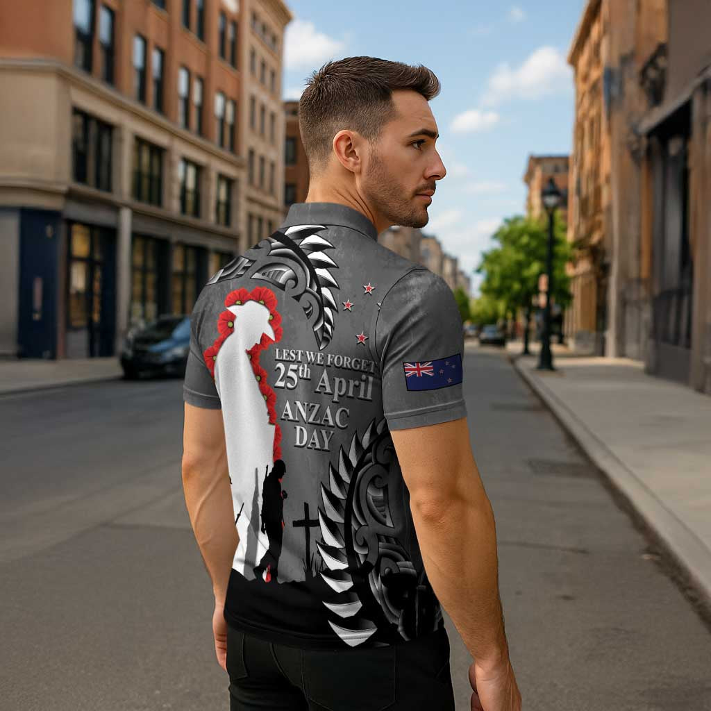 New Zealand ANZAC Day Zipper Polo Shirt 25th April Silver Fern With Poppy - Aussie Hoodie