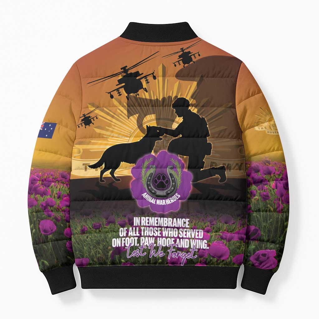 Animal War Heroes Australia ANZAC Day Bomber Puffer Jacket We Will Always Remember Them