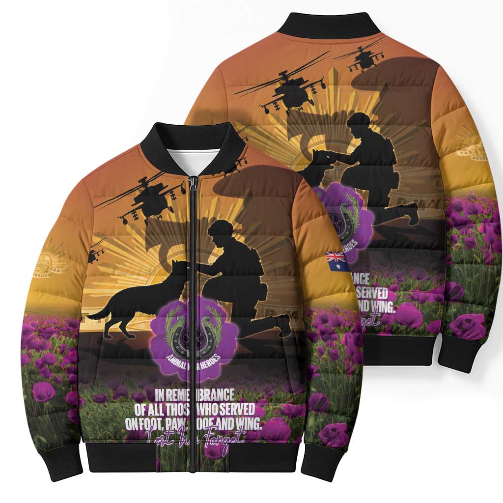 Animal War Heroes Australia ANZAC Day Bomber Puffer Jacket We Will Always Remember Them