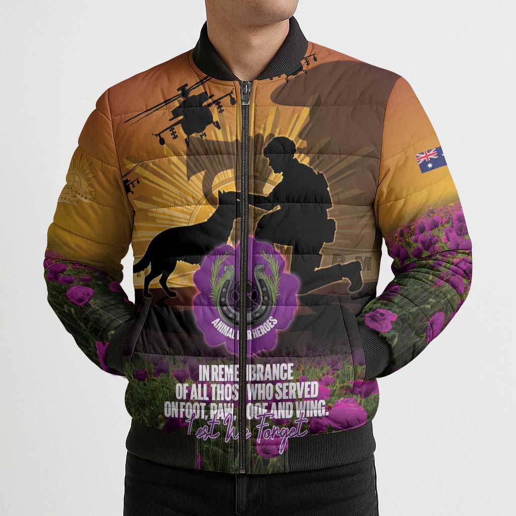 Animal War Heroes Australia ANZAC Day Bomber Puffer Jacket We Will Always Remember Them