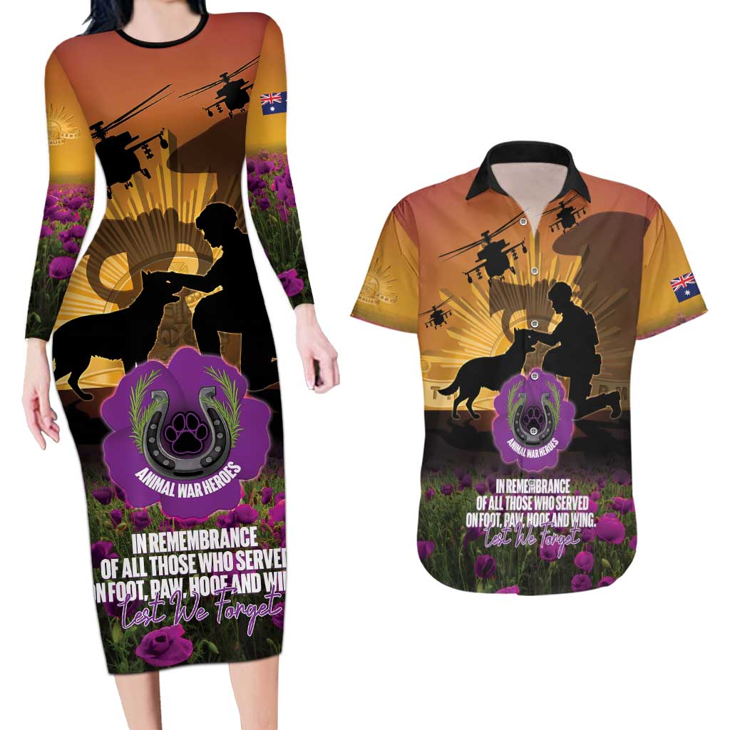 Animal War Heroes Australia ANZAC Day Couples Matching Long Sleeve Bodycon Dress and Hawaiian Shirt We Will Always Remember Them