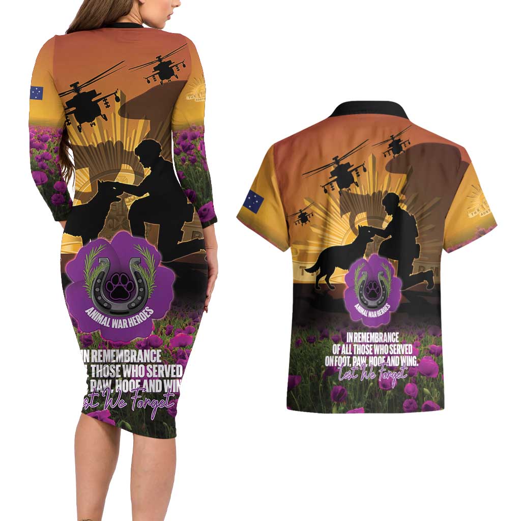 Animal War Heroes Australia ANZAC Day Couples Matching Long Sleeve Bodycon Dress and Hawaiian Shirt We Will Always Remember Them
