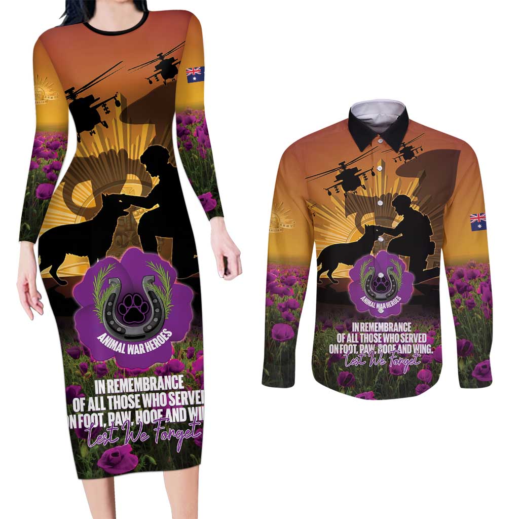 Animal War Heroes Australia ANZAC Day Couples Matching Long Sleeve Bodycon Dress and Long Sleeve Button Shirt We Will Always Remember Them