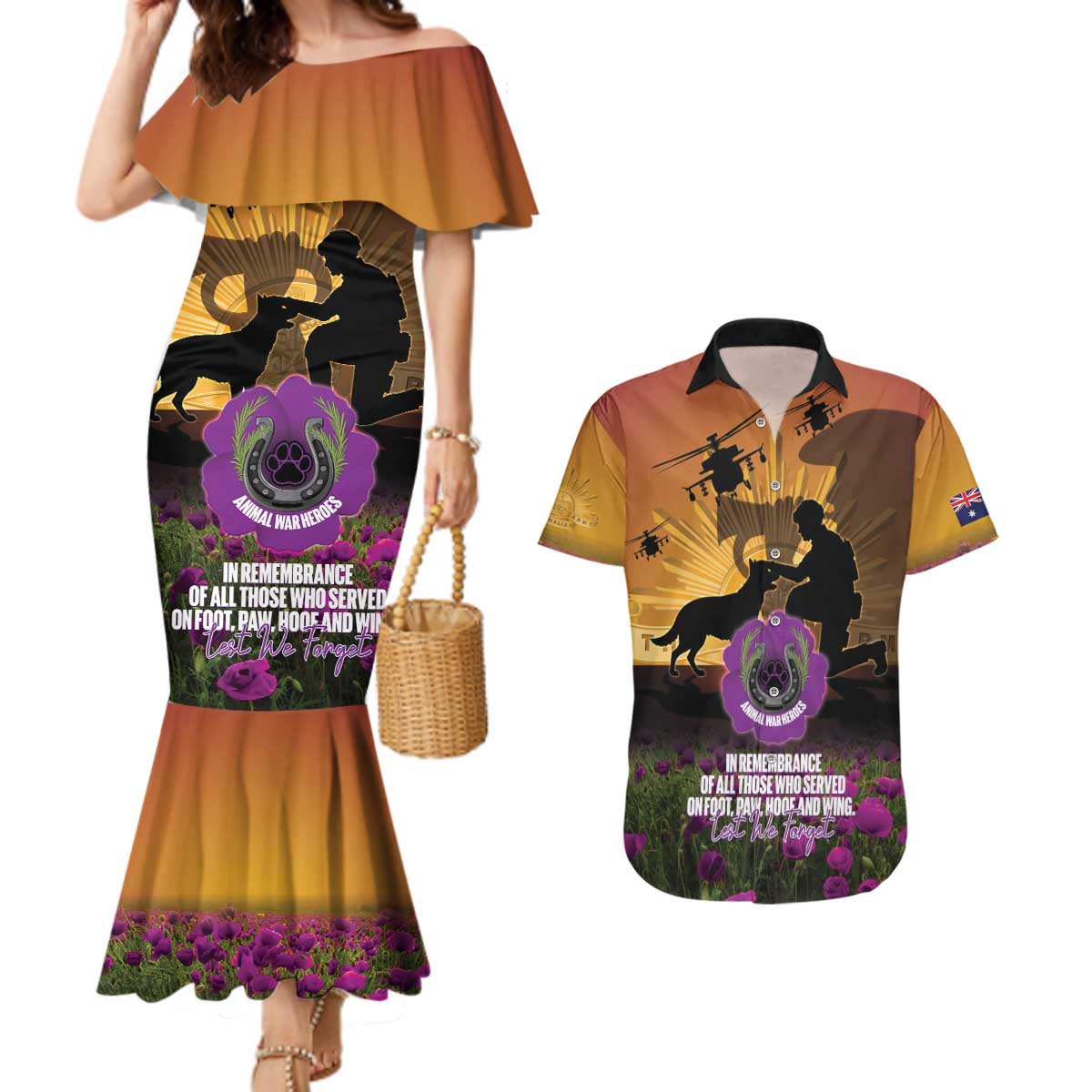 Animal War Heroes Australia ANZAC Day Couples Matching Mermaid Dress and Hawaiian Shirt We Will Always Remember Them