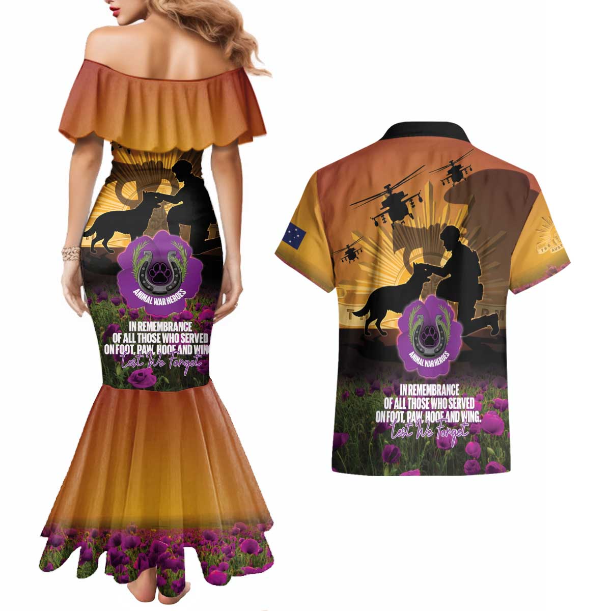 Animal War Heroes Australia ANZAC Day Couples Matching Mermaid Dress and Hawaiian Shirt We Will Always Remember Them