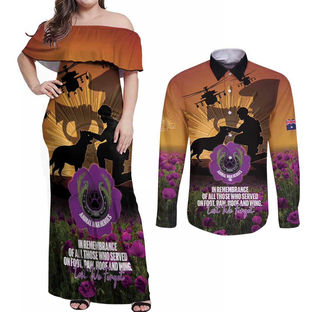 Animal War Heroes Australia ANZAC Day Couples Matching Off Shoulder Maxi Dress and Long Sleeve Button Shirt We Will Always Remember Them
