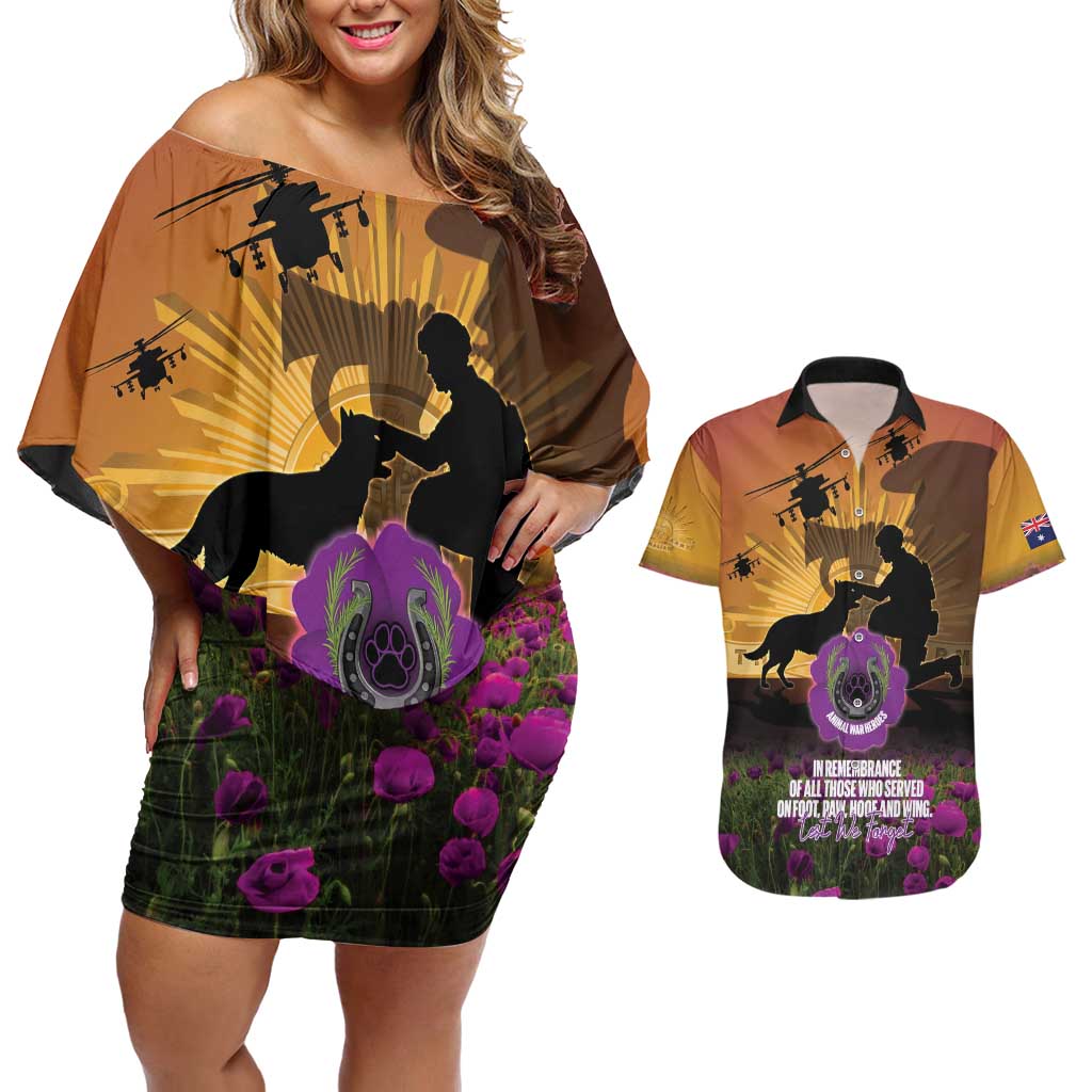 Animal War Heroes Australia ANZAC Day Couples Matching Off Shoulder Short Dress and Hawaiian Shirt We Will Always Remember Them