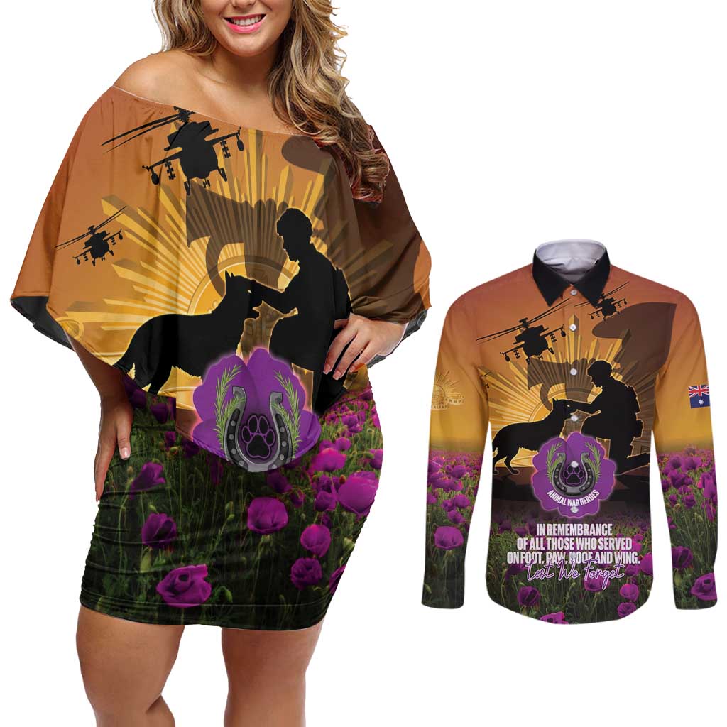 Animal War Heroes Australia ANZAC Day Couples Matching Off Shoulder Short Dress and Long Sleeve Button Shirt We Will Always Remember Them