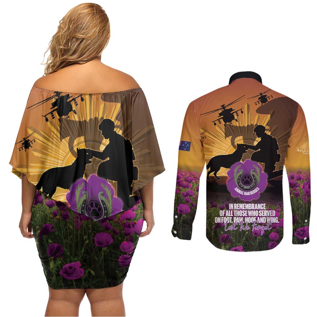 Animal War Heroes Australia ANZAC Day Couples Matching Off Shoulder Short Dress and Long Sleeve Button Shirt We Will Always Remember Them