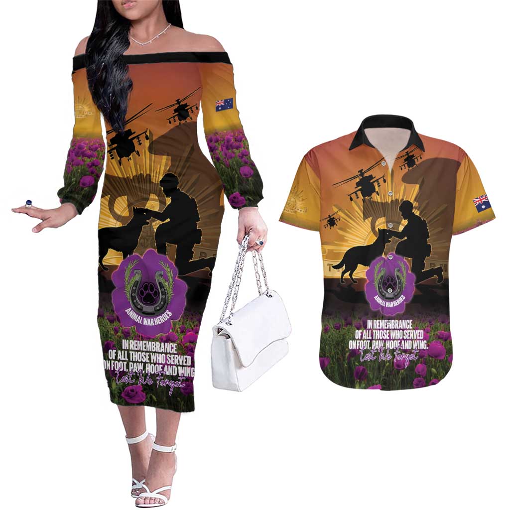 Animal War Heroes Australia ANZAC Day Couples Matching Off The Shoulder Long Sleeve Dress and Hawaiian Shirt We Will Always Remember Them