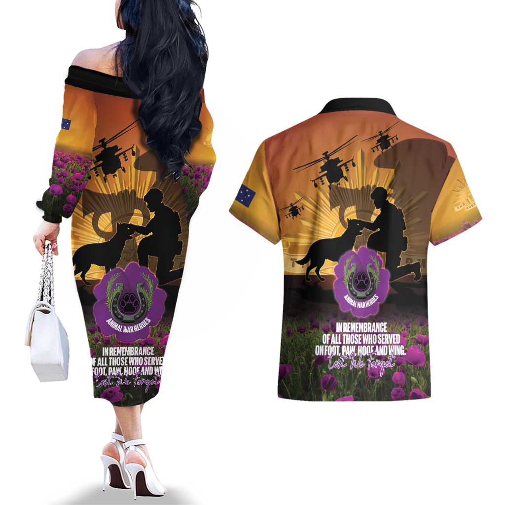Animal War Heroes Australia ANZAC Day Couples Matching Off The Shoulder Long Sleeve Dress and Hawaiian Shirt We Will Always Remember Them