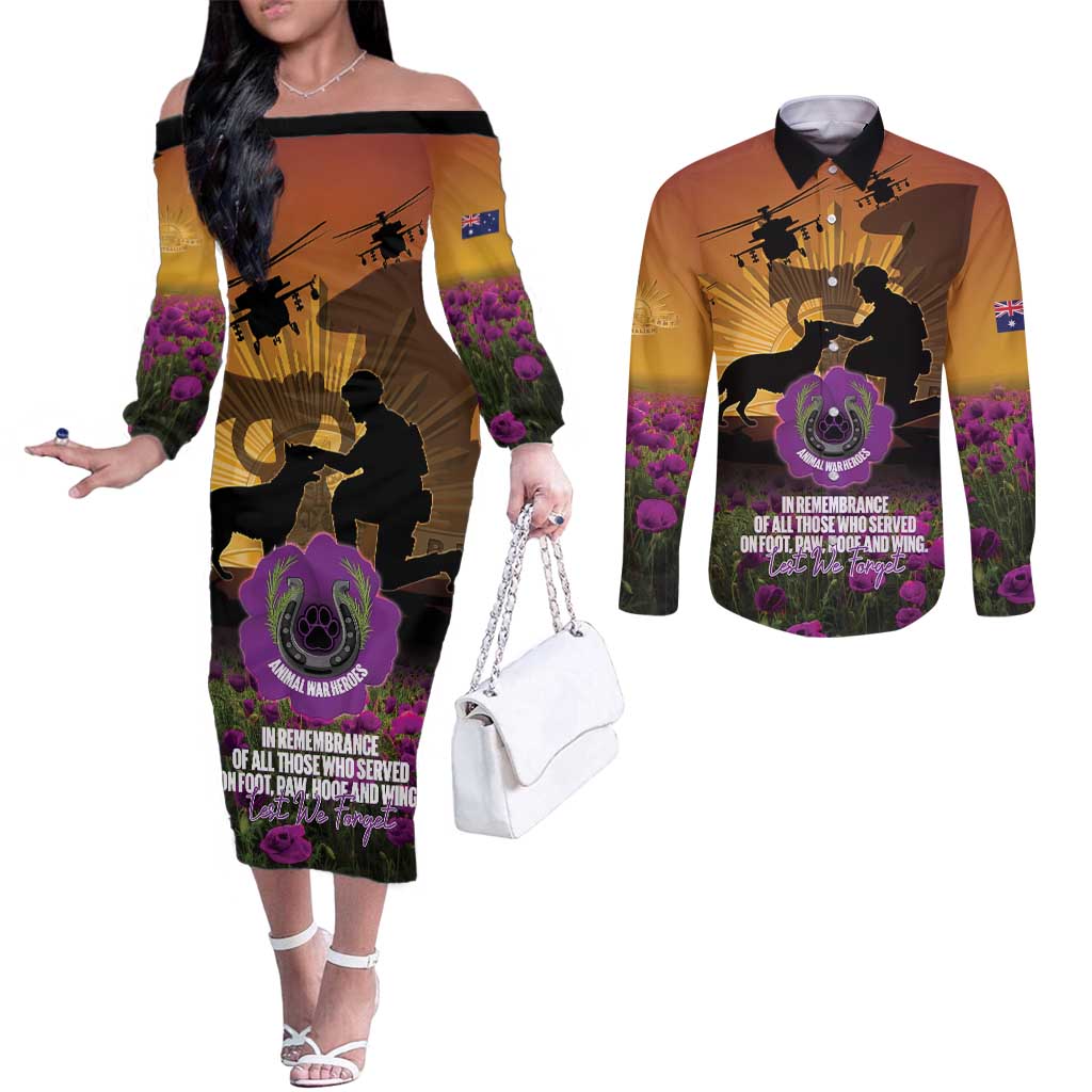 Animal War Heroes Australia ANZAC Day Couples Matching Off The Shoulder Long Sleeve Dress and Long Sleeve Button Shirt We Will Always Remember Them