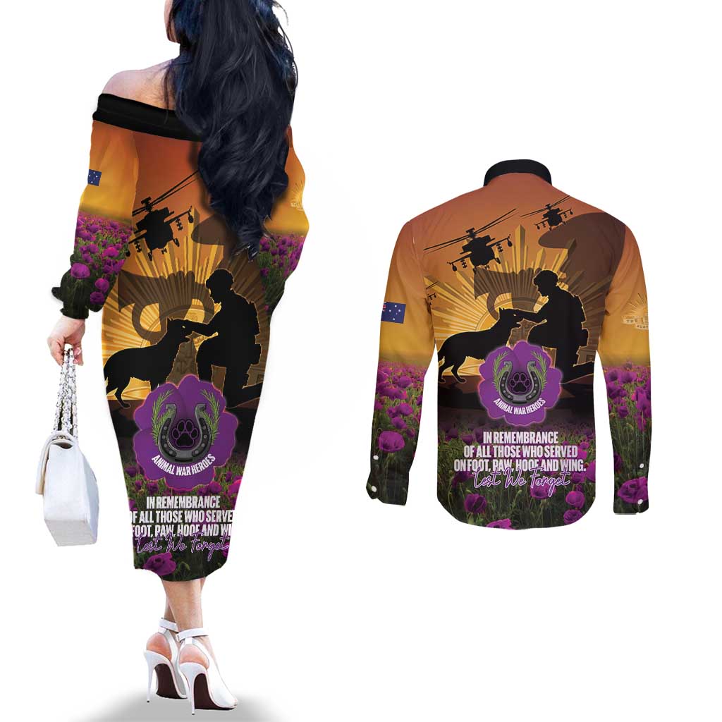Animal War Heroes Australia ANZAC Day Couples Matching Off The Shoulder Long Sleeve Dress and Long Sleeve Button Shirt We Will Always Remember Them