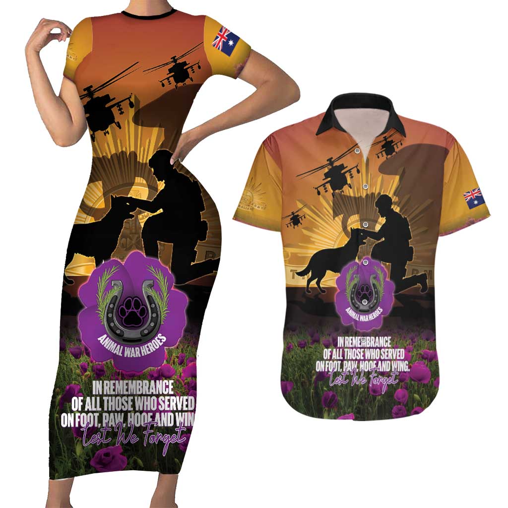 Animal War Heroes Australia ANZAC Day Couples Matching Short Sleeve Bodycon Dress and Hawaiian Shirt We Will Always Remember Them