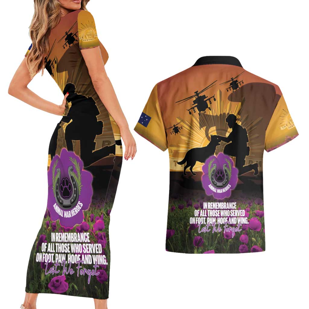 Animal War Heroes Australia ANZAC Day Couples Matching Short Sleeve Bodycon Dress and Hawaiian Shirt We Will Always Remember Them